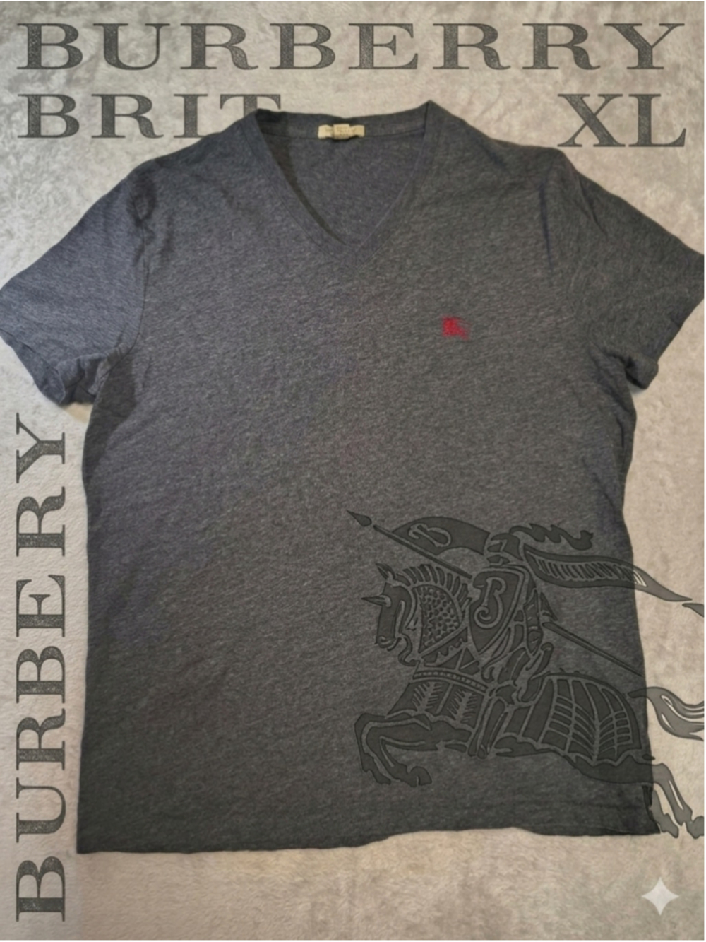 Burberry Brit Men's V-Neck T-Shirt Size XL Charcoal Heather Gray Red EKD Logo
